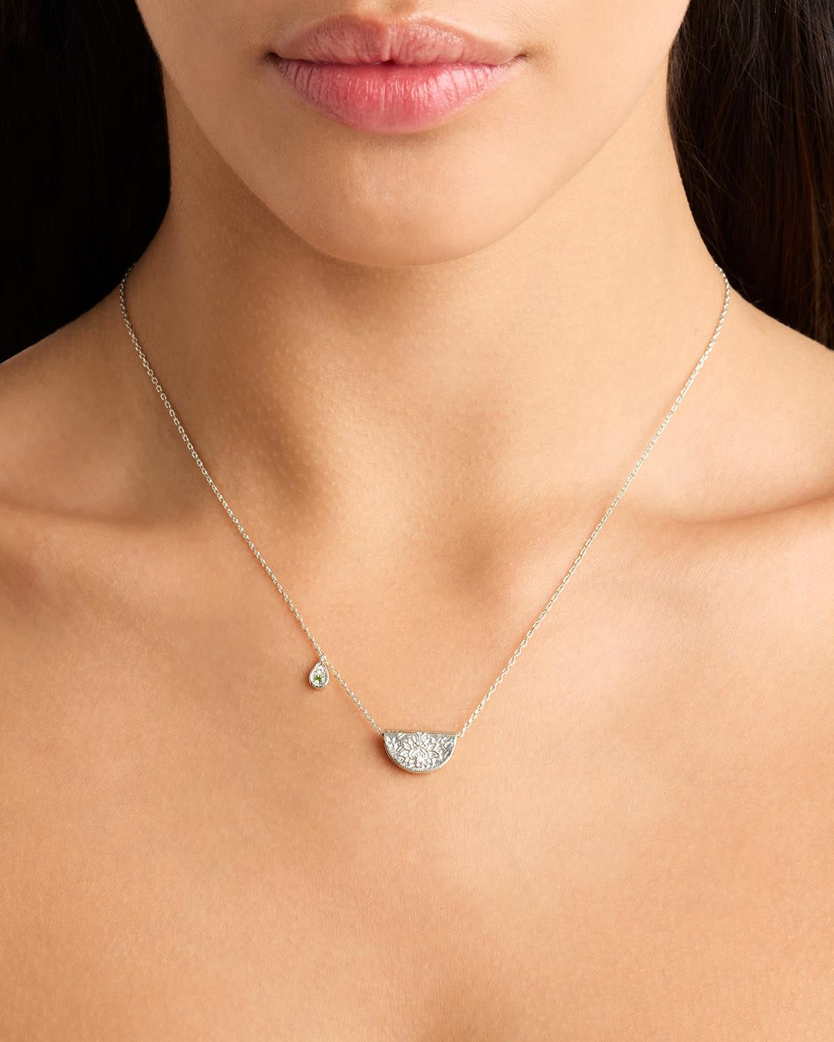 By Charlotte Lotus Birthstone Necklace (August - Peridot), Silver
