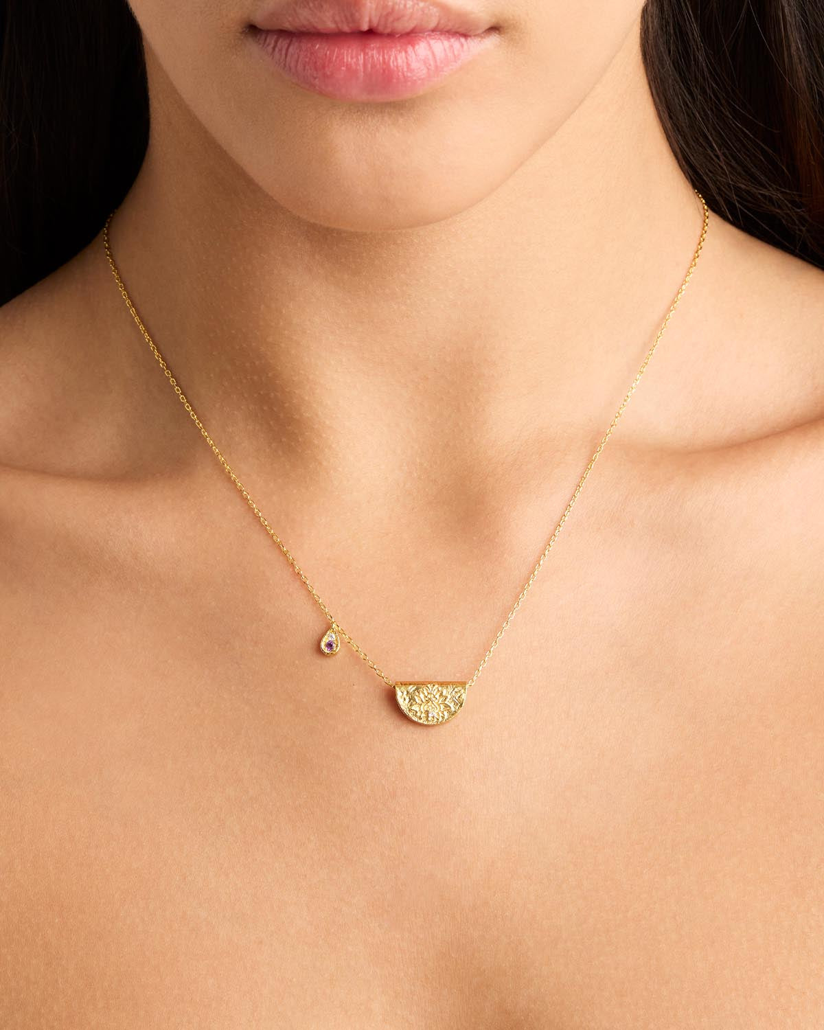 By Charlotte Lotus Birthstone Necklace (February - Amethyst), Gold
