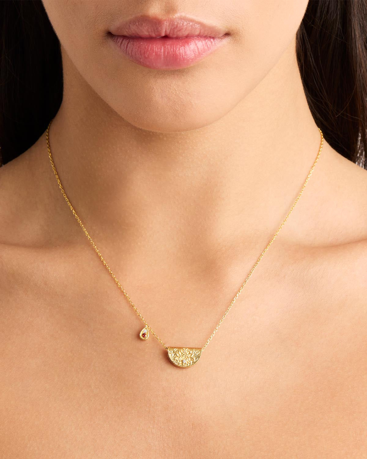 By Charlotte Lotus Birthstone Necklace (January - Garnet), Gold
