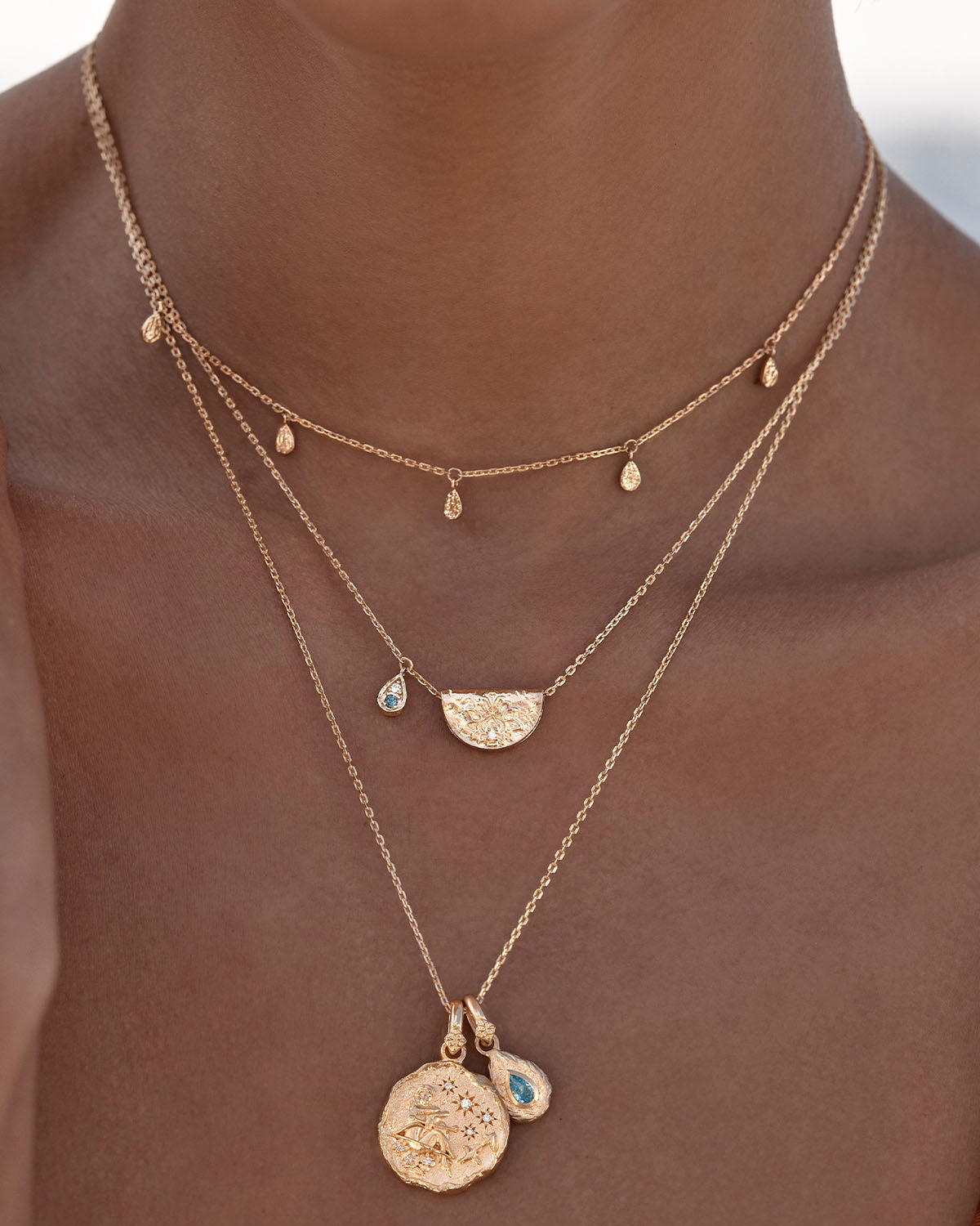 By Charlotte Lotus Birthstone Necklace (March - Aquamarine), Gold