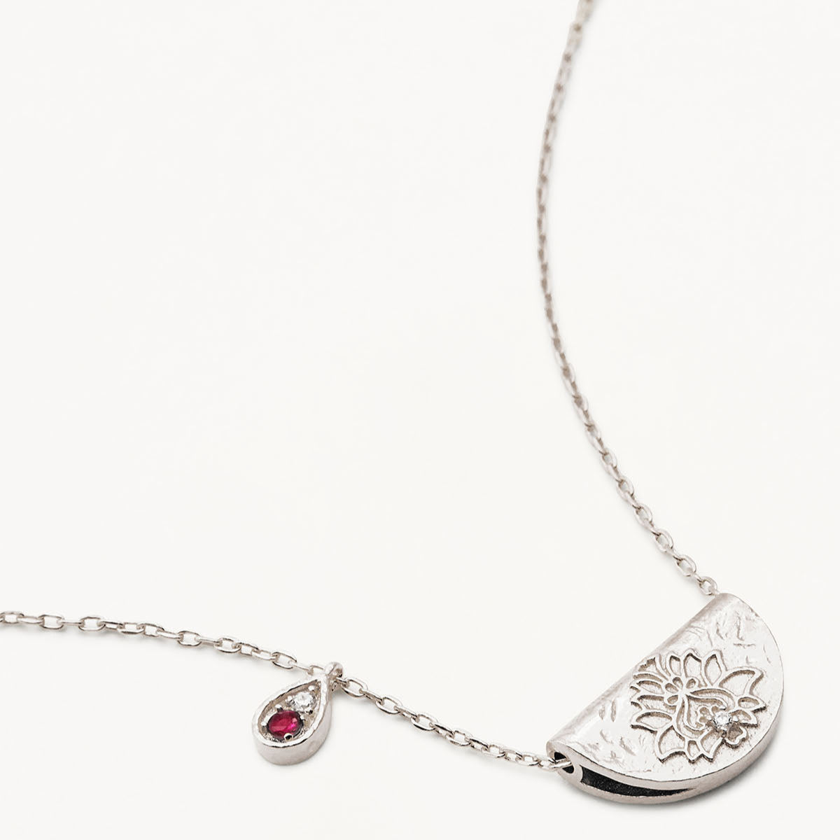By Charlotte Lotus Birthstone Necklace (July - Ruby), Silver