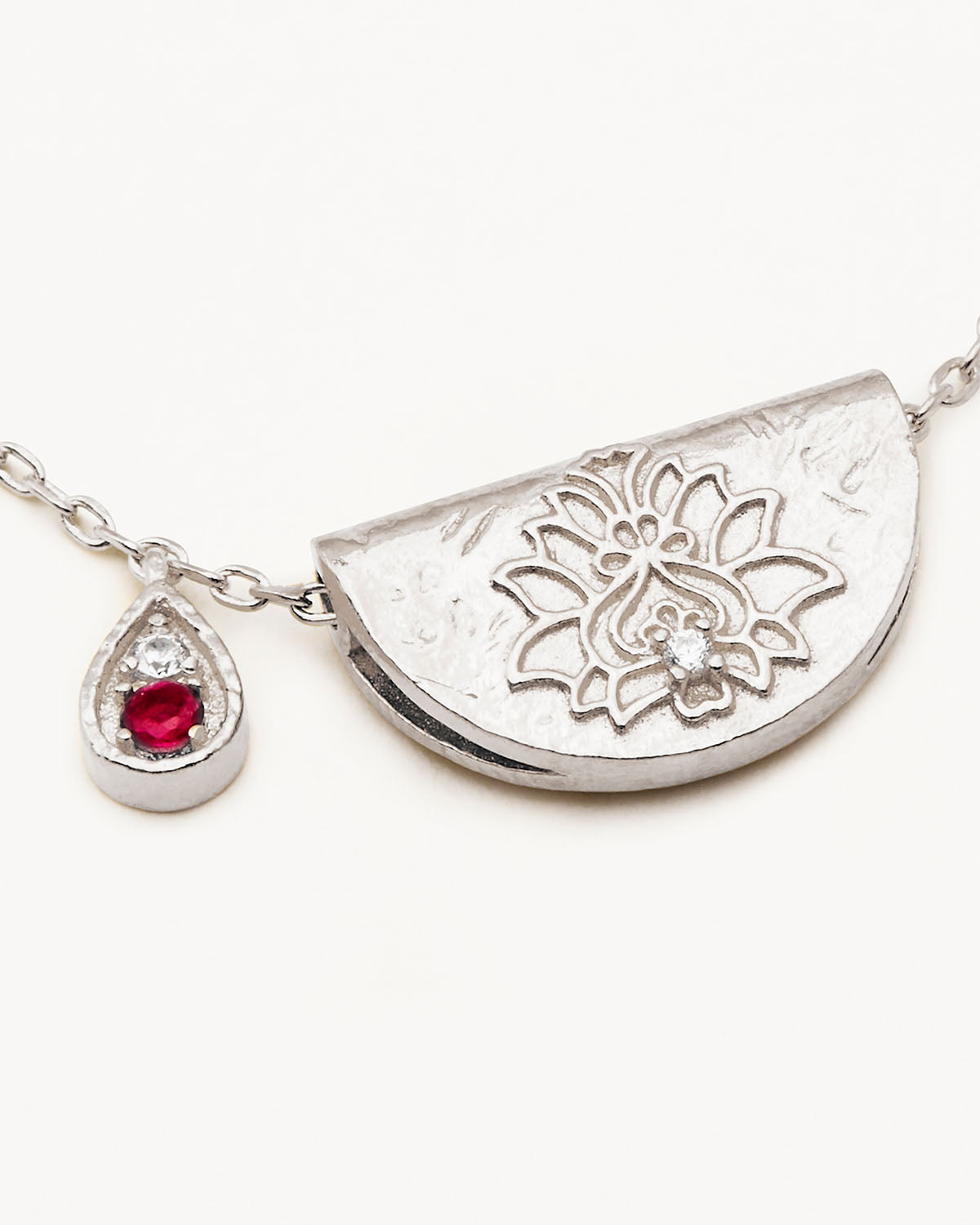 By Charlotte Lotus Birthstone Necklace (July - Ruby), Silver