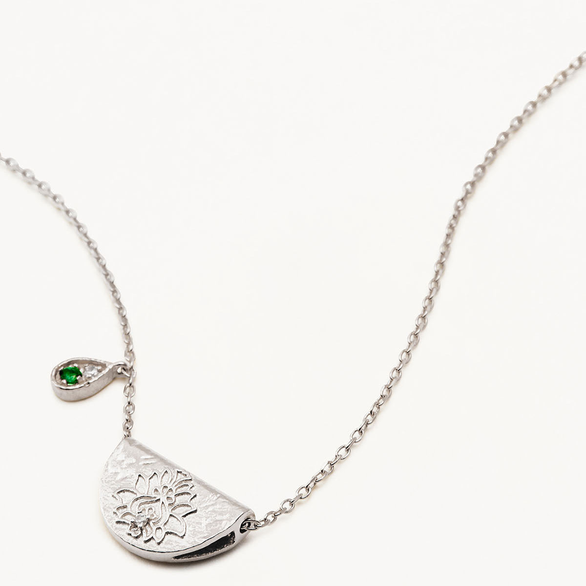 By Charlotte Lotus Birthstone Necklace (May - Emerald), Silver