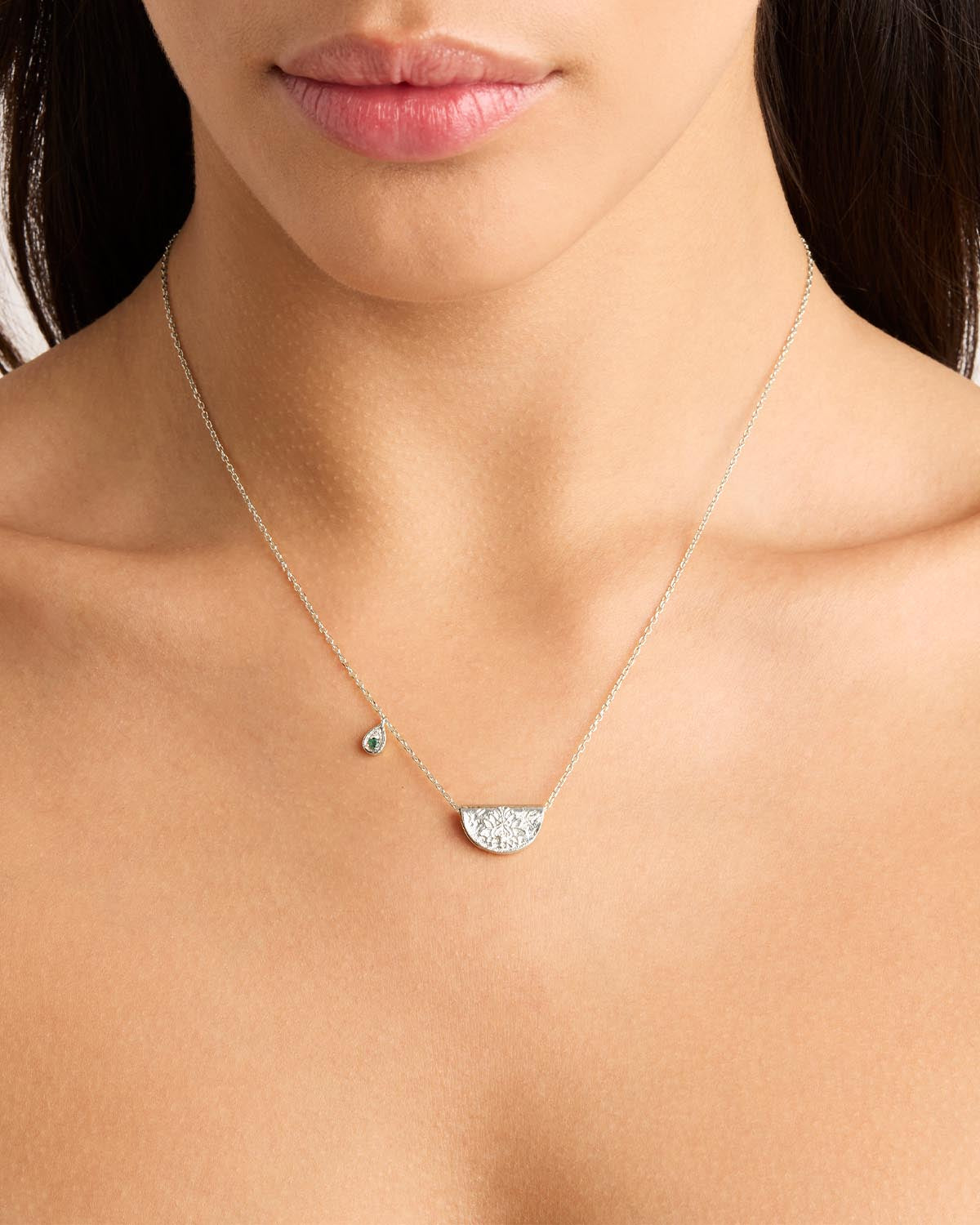 By Charlotte Lotus Birthstone Necklace (May - Emerald), Silver