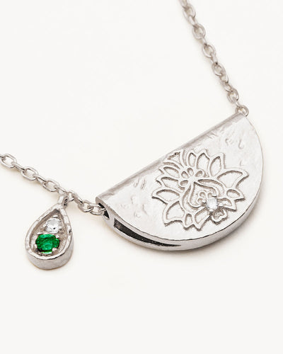 By Charlotte Lotus Birthstone Necklace (May - Emerald), Silver