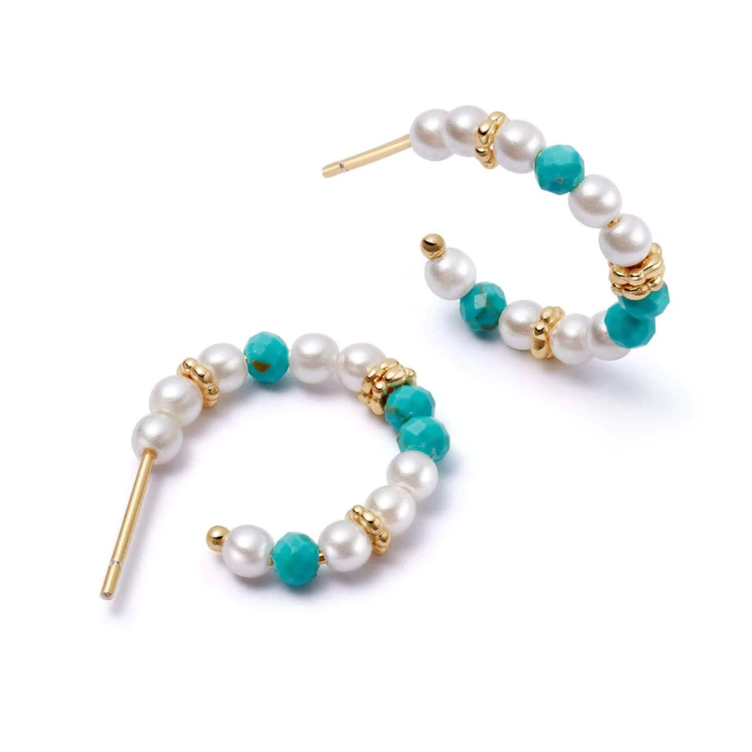 Daisy London Pearl Turquoise Midi Hoop Earrings, Gold